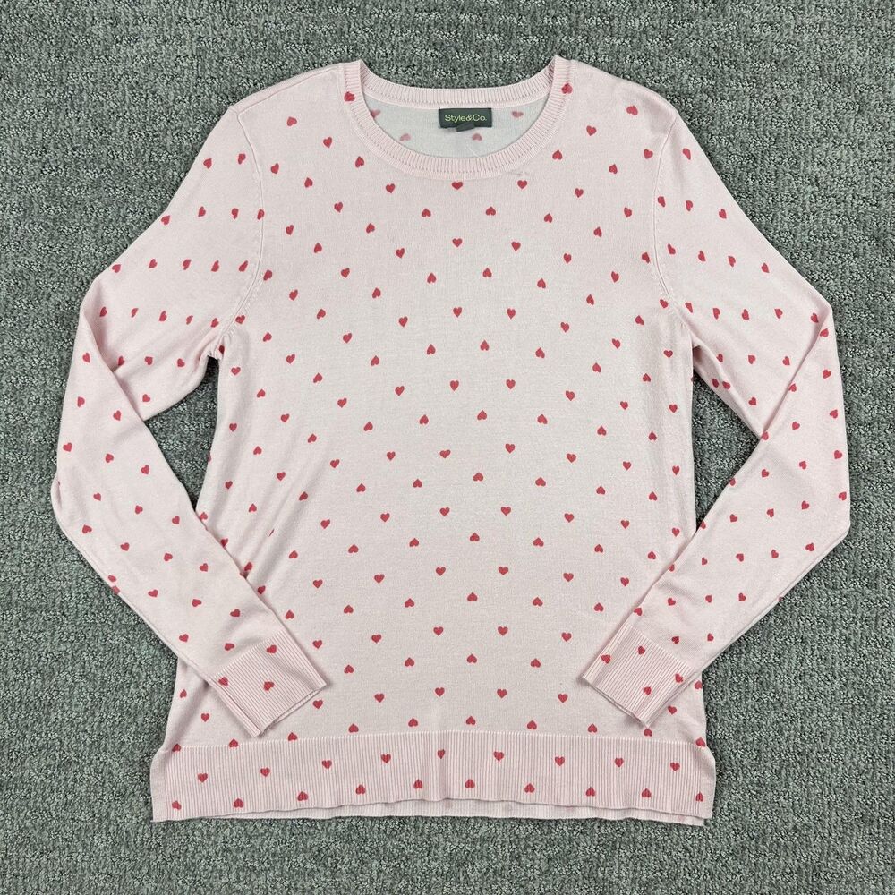 Style & Co Sweater Womens Small Heart Print Pullover Lightweight Cute Valentine